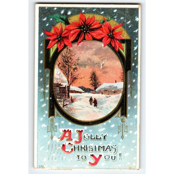 Vintage Embossed Jolly Christmas Snowy Village Postcard 1911 - Picture 1 of 2